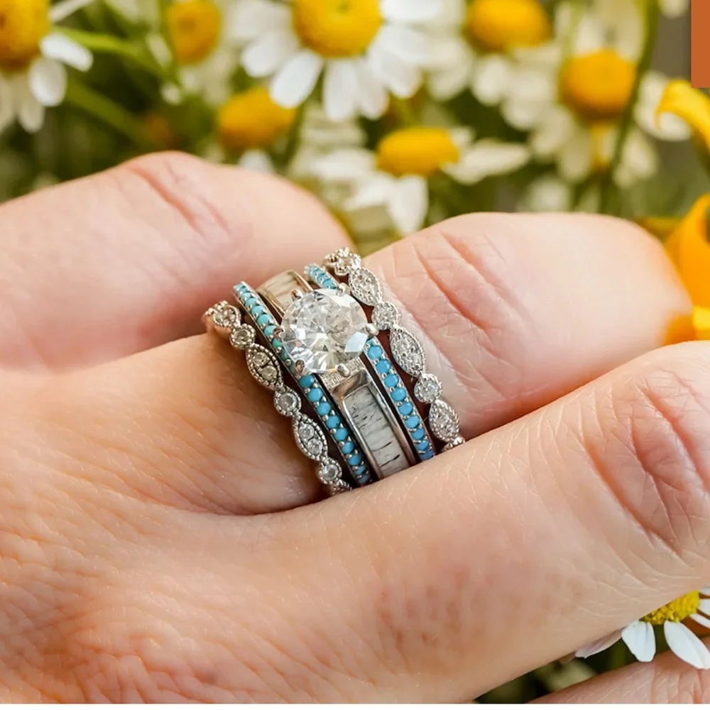 Antler Rings The Magnolia Springs Set. Lab Made Diamond ,Silver 925 ,Turquoise - Picture 3 of 13